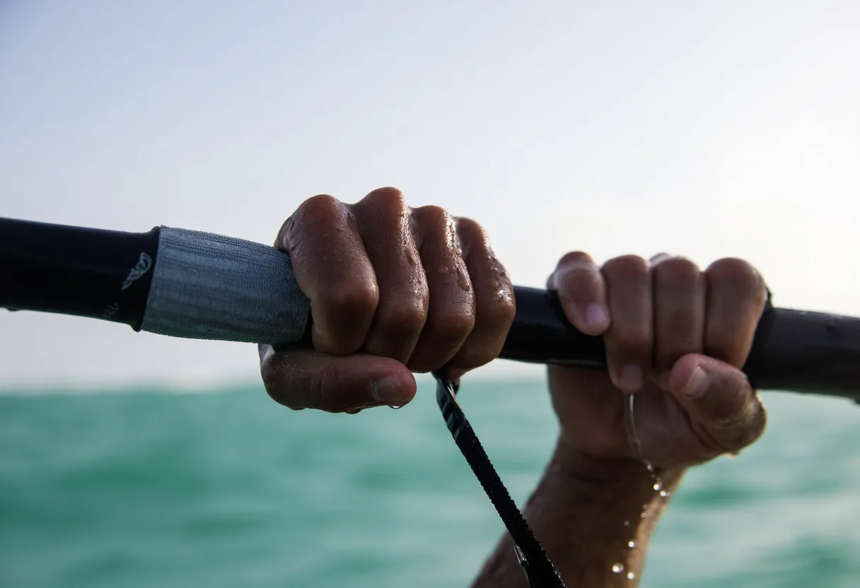 Primer plano de dos manos mojadas sujetando la botavara de una tabla de windsurf, con cinta antideslizante y gotas de agua.